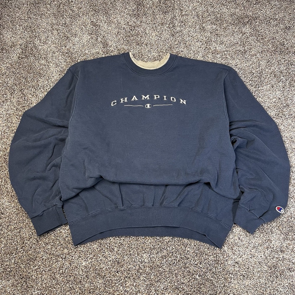 VTG Champion Sweatshirt Mens Size L Navy Spellout Fleece Grunge Distressed 90s
